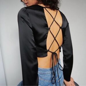 Dynamite Black Satin Open Back Tie Crop Top